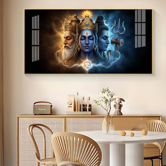 Trimurti Brahma, Vishnu, & Shiva Glass Finish Horizontal Wall Art