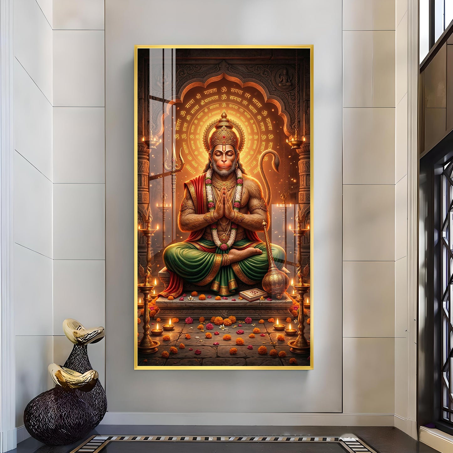 Hindu God Hanuman Ji Glass Finish Vertical Wall Art