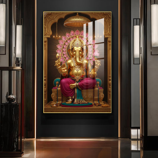 Lord Ganesha With Intricate Floral Glass Finish Vertical Wall Art
