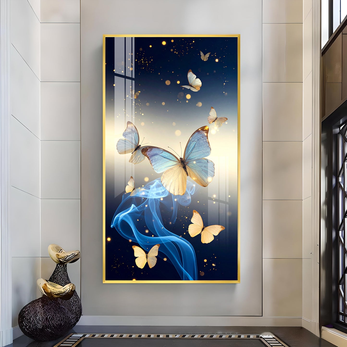 Azure Butterfly Dance Glass Finish Vertical Wall Art