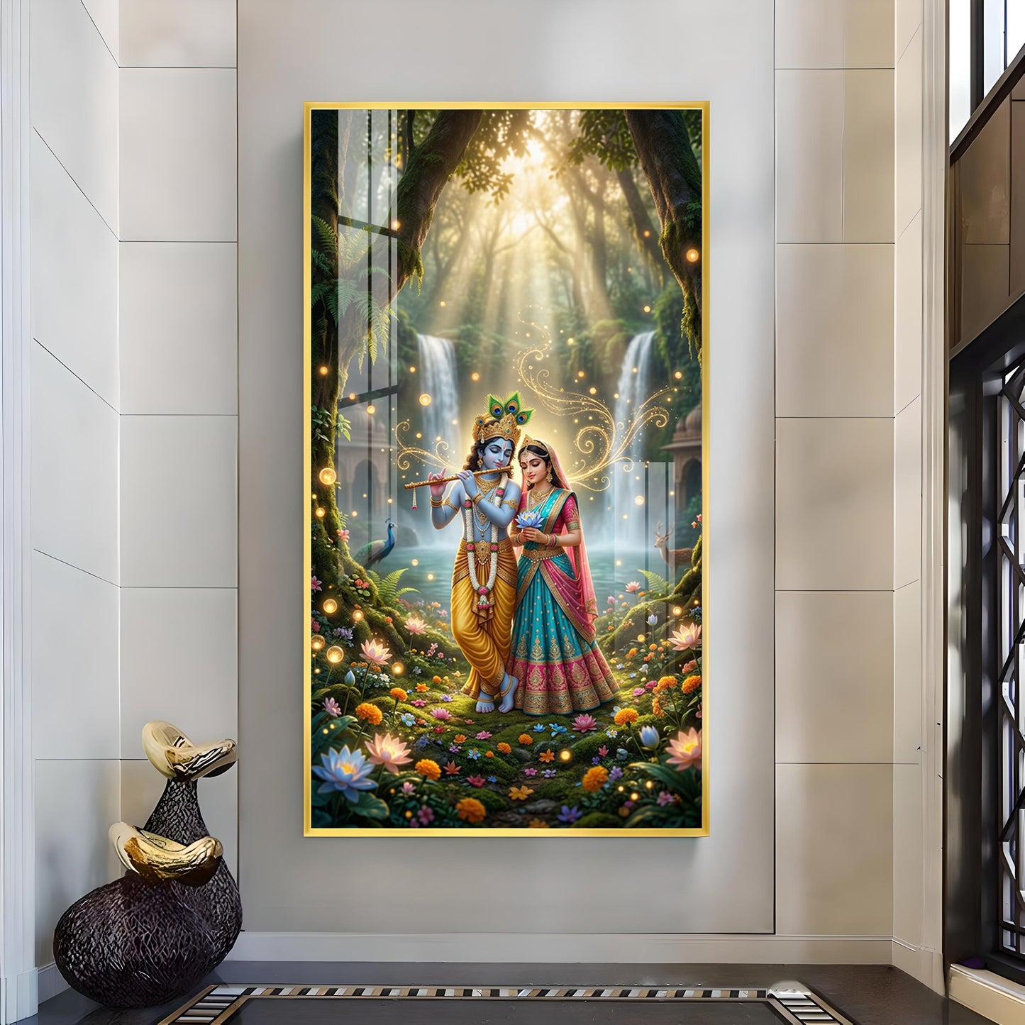 Beautiful Radha Krishna Divine Love Glass Finish Vertical Wall Art