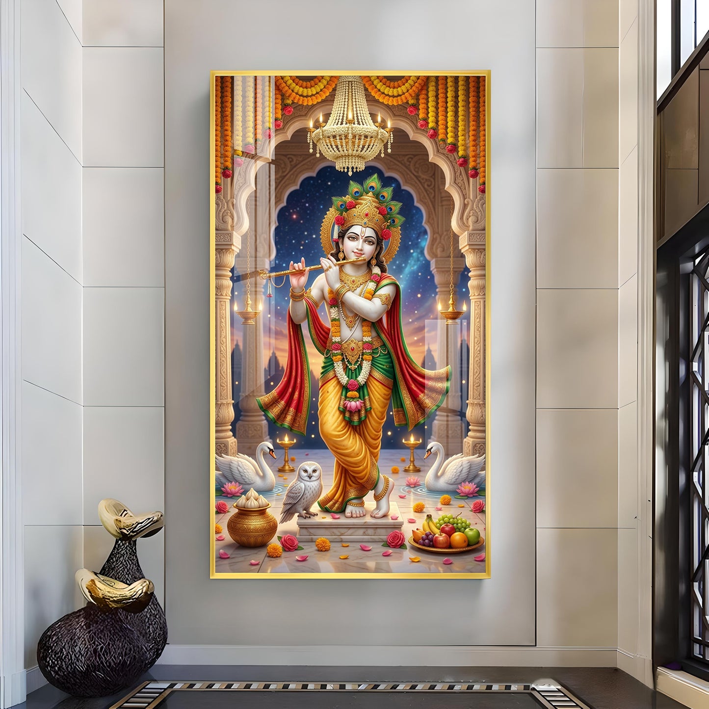 Divine Krishna With Flute Glass Finish Vertical Wall Art