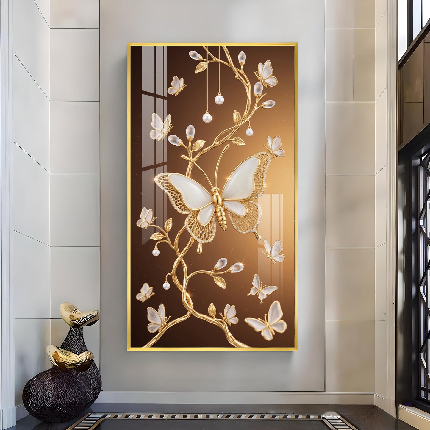 Golden Vines With White Butterflies Glass Finish Vertical Wall Art