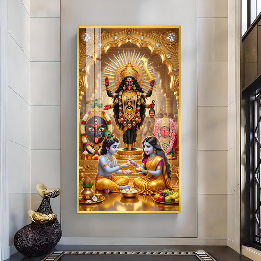 Maa Kali, Lord Krishna & Radha Glass Finish Vertical Wall Art