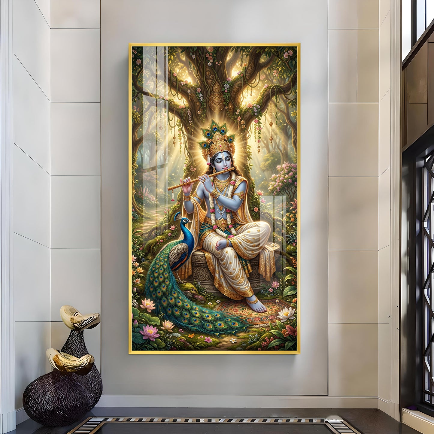 Divine Krishna Ji With Flute Glass Finish Vertical Wall Art