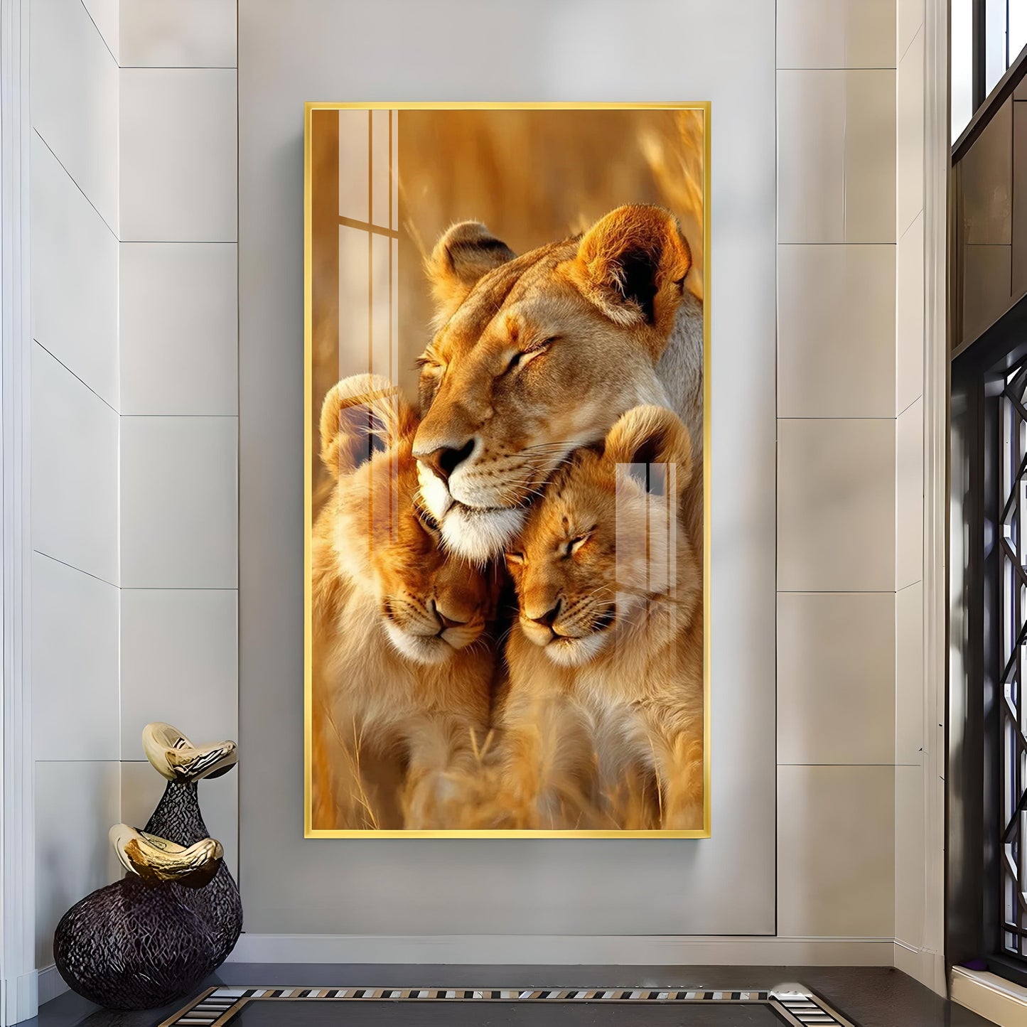 Lioness Cub Cuddling Glass Finish Vertical Wall Art