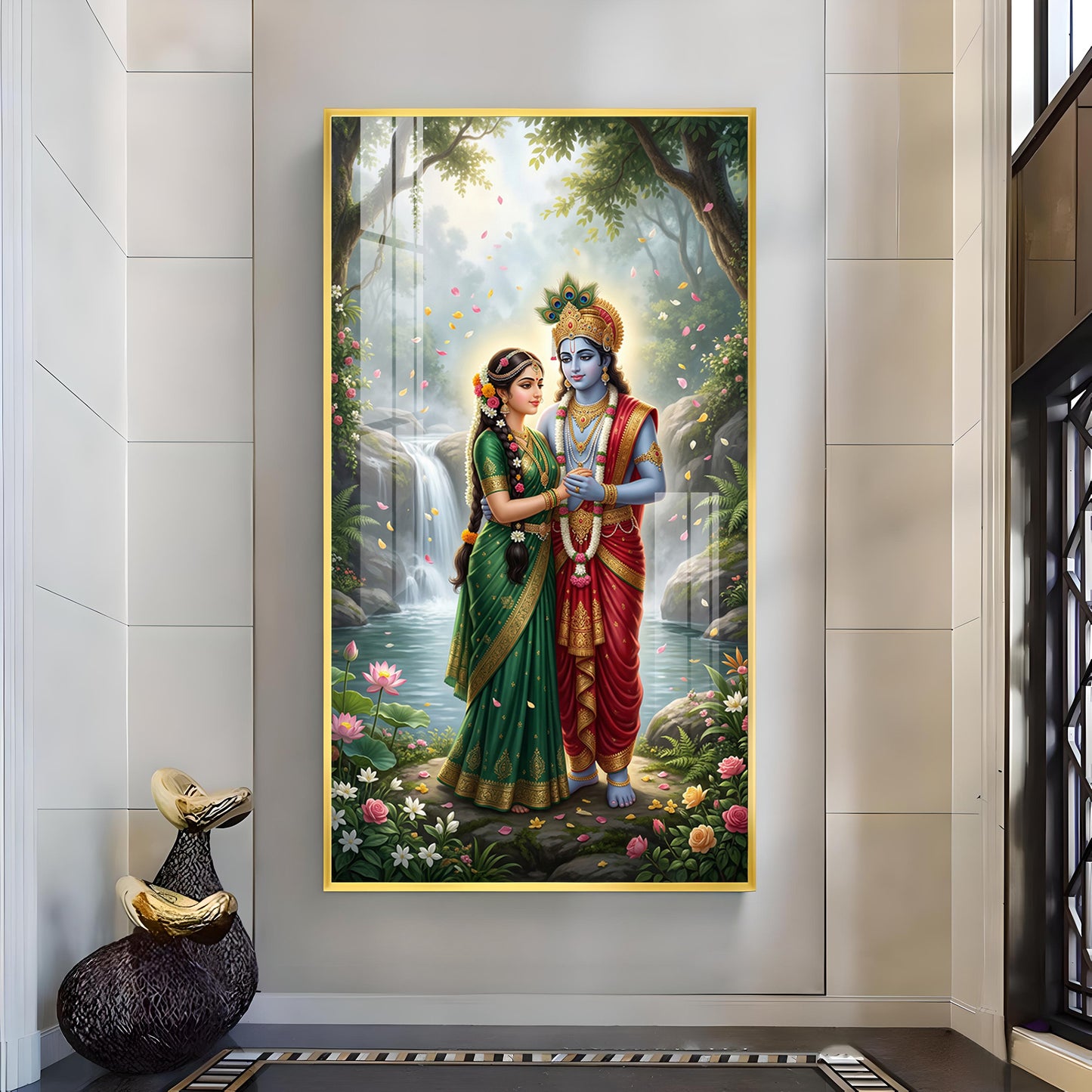 Radha Krishna Divine Aura Glass Finish Vertical Wall Art