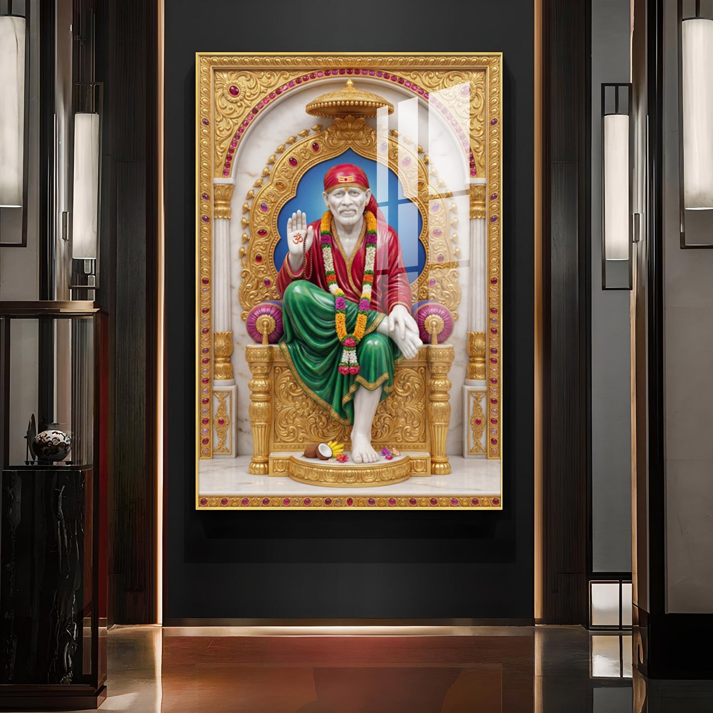 Spiritual Sai Baba Glass Finish Vertical Wall Art