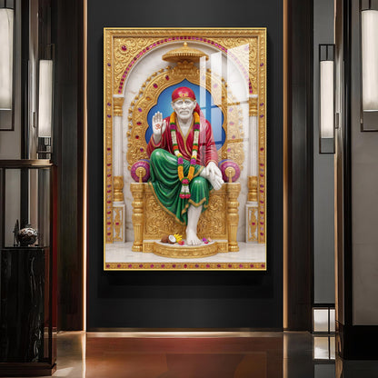 Spiritual Sai Baba Glass Finish Vertical Wall Art