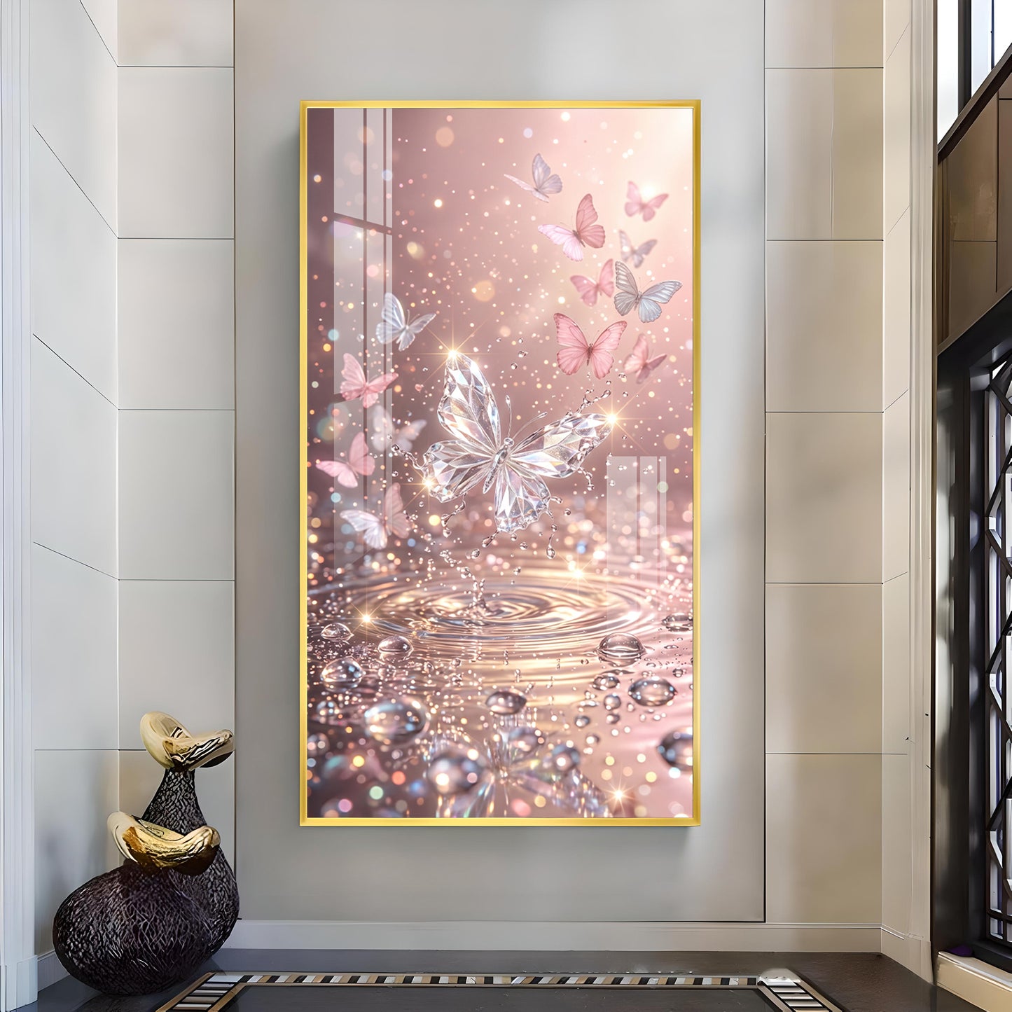 Sparkling Pink Butterfly Glass Finish Vertical Wall Art