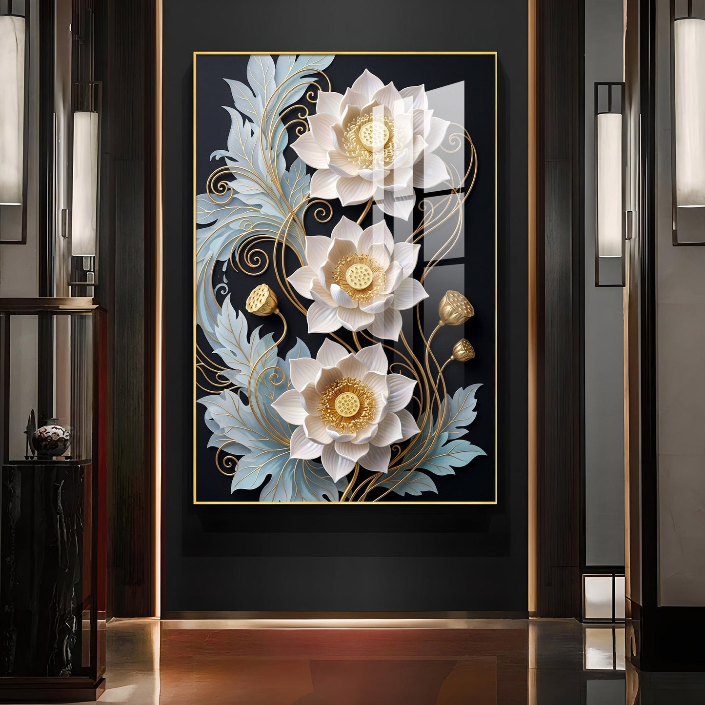 White Lotus With Golden Accents Glass Finish Vertical Wall Art