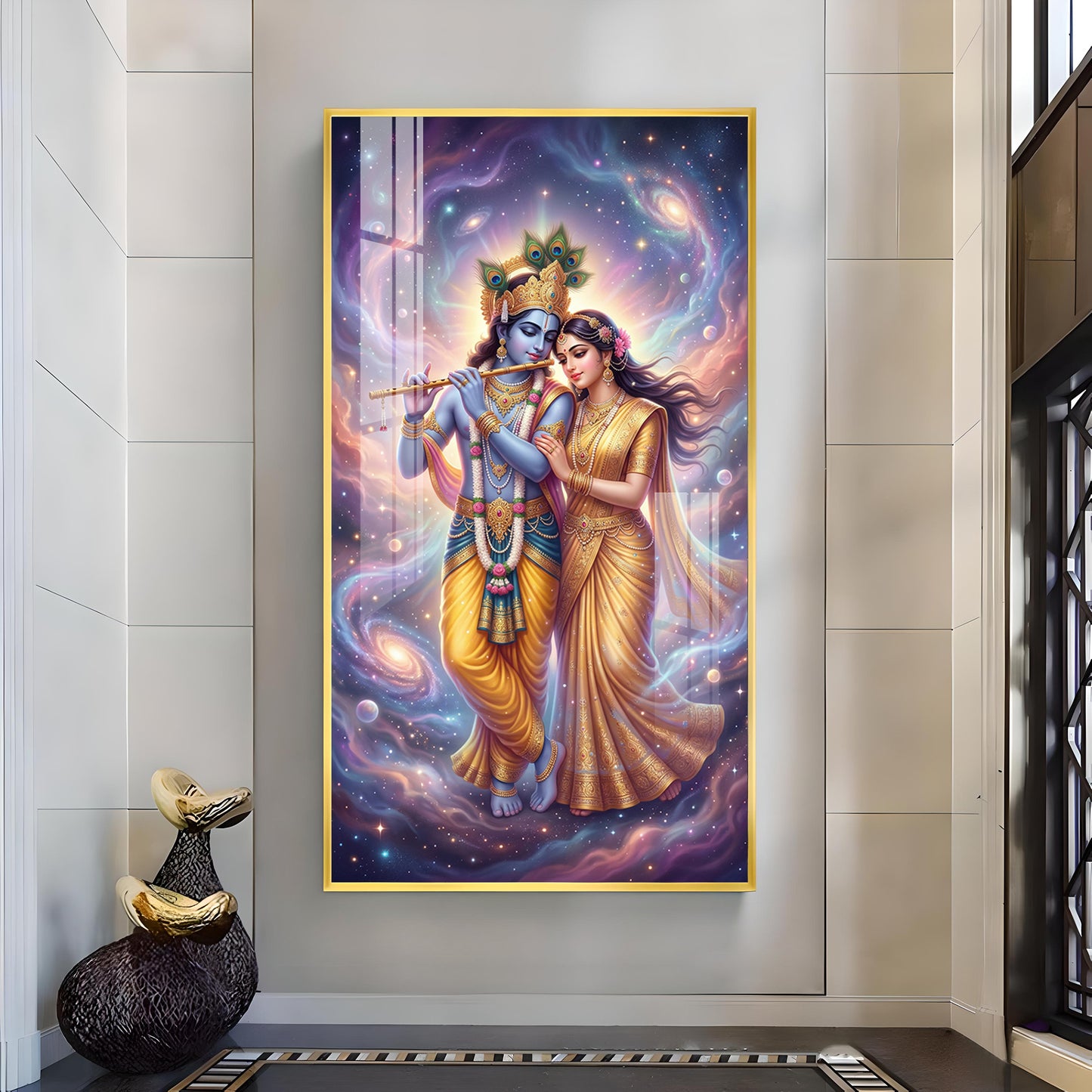 Divine Radhe Rani With Krishna Ji Glass Finish Vertical Wall Art
