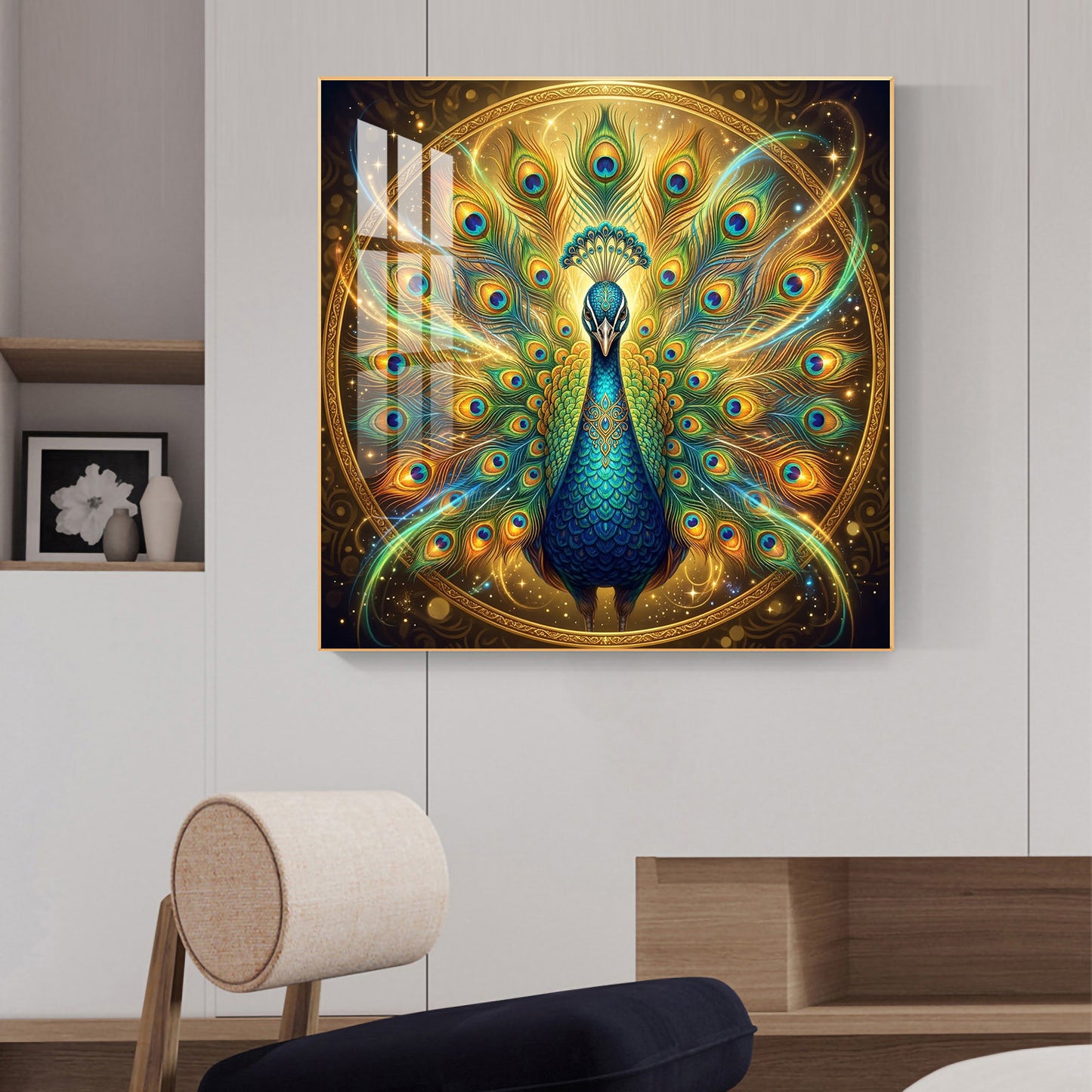 Style Peacock Glass Finish Square Wall Art