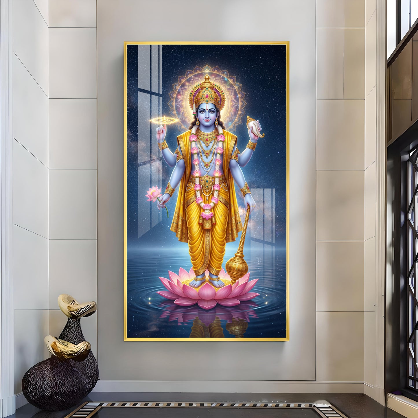 Divine Lord Vishnu Ji On Lotus Glass Finish Vertical Wall Art
