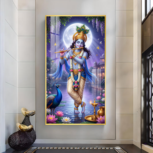 Depicting Lord Krishna Glass Finish Vertical Wall Art