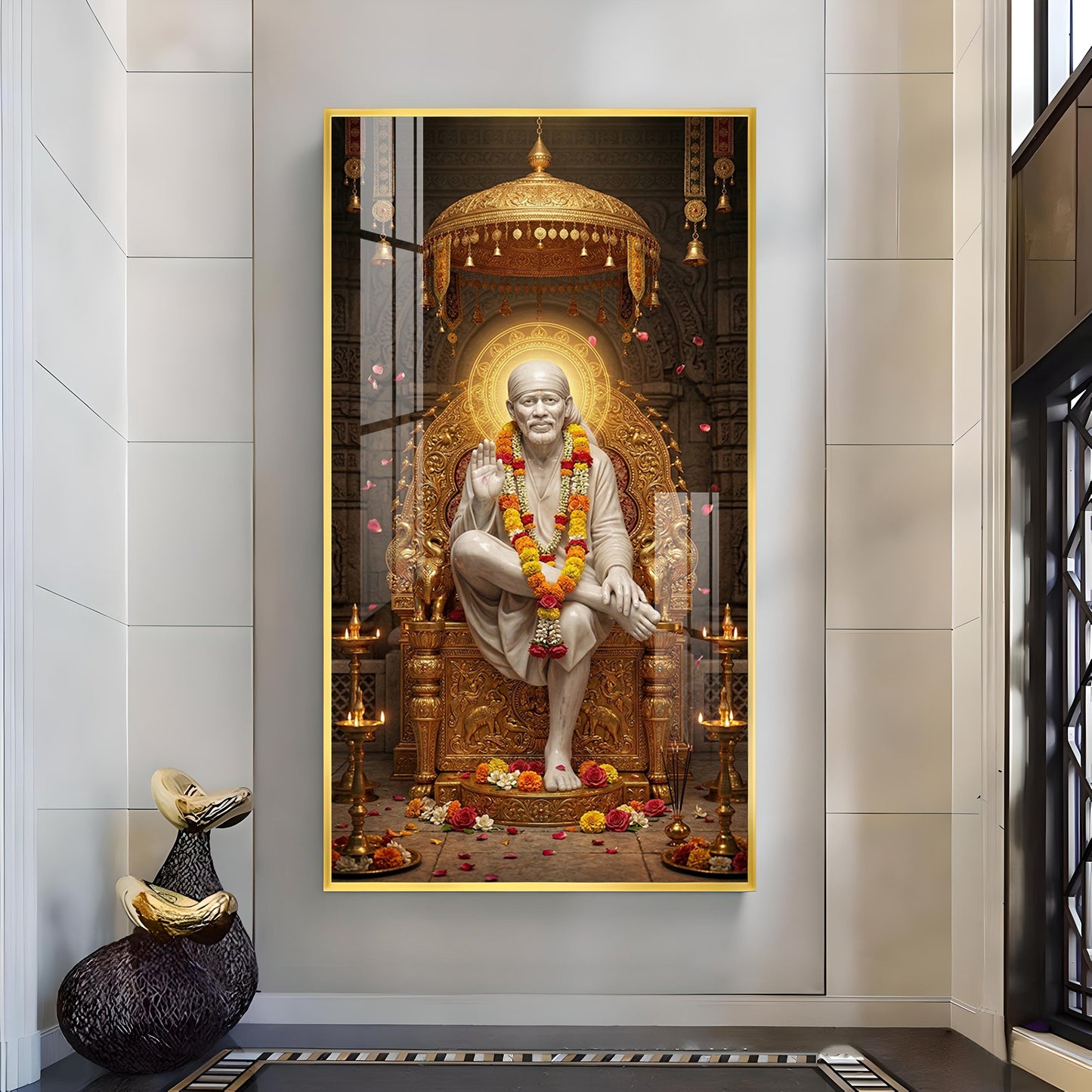 Sai Baba Darbar Glass Finish Vertical Wall Art