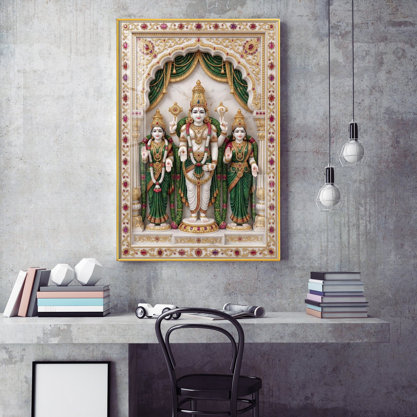 Lord Murugan with Valli and Devasena Glass Finish Vertical Wall Art