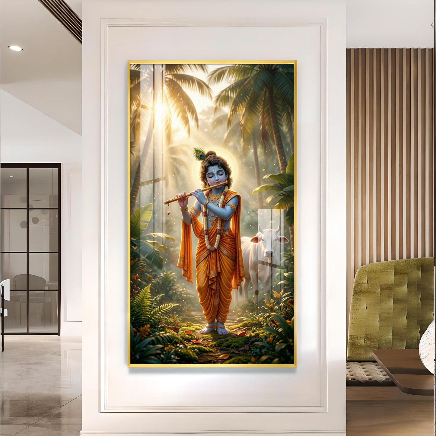 Lord Krishna Ji Playing Flute Glass Finish Vertical Wall Art