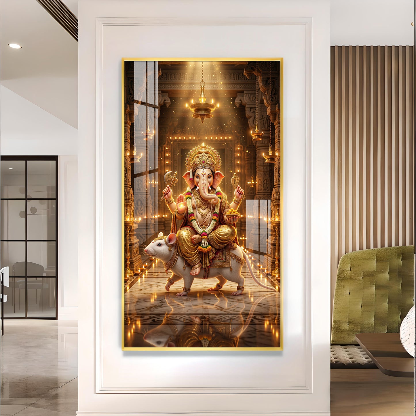 Ganesh Ji With Mushak Glass Finish Vertical Wall Art