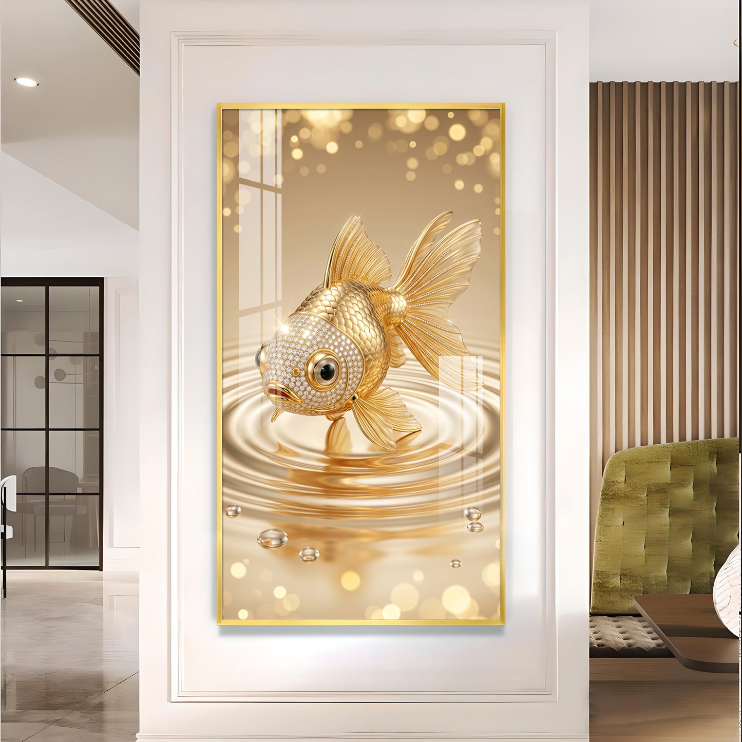 Lucky Golden Fish Glass Finish Vertical Wall Art