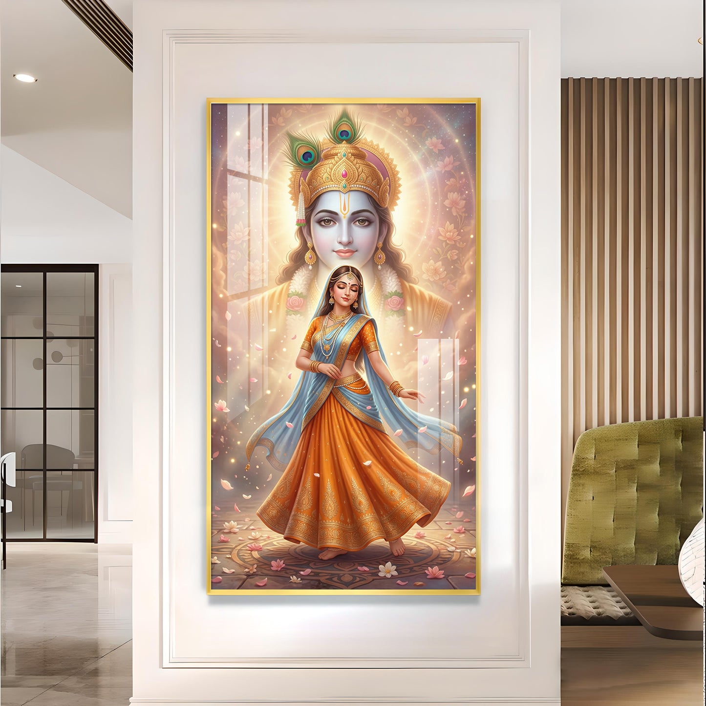 Radha With Shri Krishna Glass Finish Vertical Wall Art