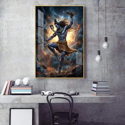 Mahadev In His Tandava Pose Glass Finish Vertical Wall Art