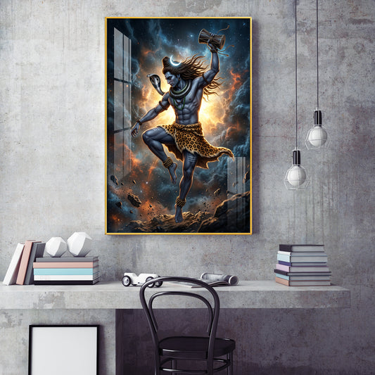 Mahadev In His Tandava Pose Glass Finish Vertical Wall Art