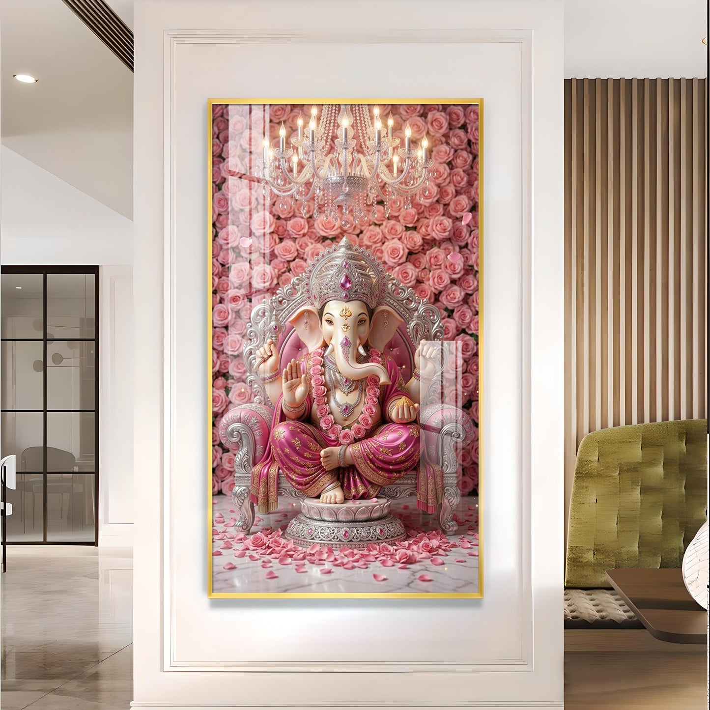 Divine Lord Ganesh Glass Finish Vertical Wall Art