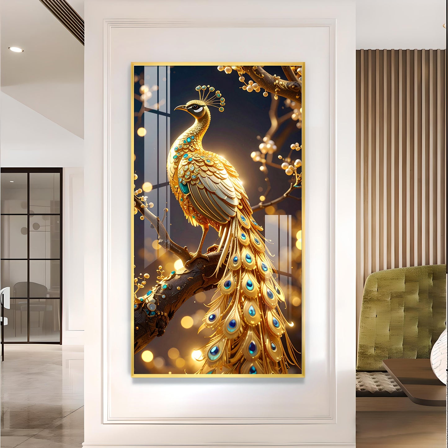 Celestial Golden Peacock Glass Finish Vertical Wall Art