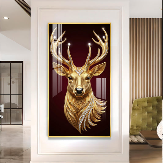 Golden Deer Head Glass Finish Vertical Wall Art