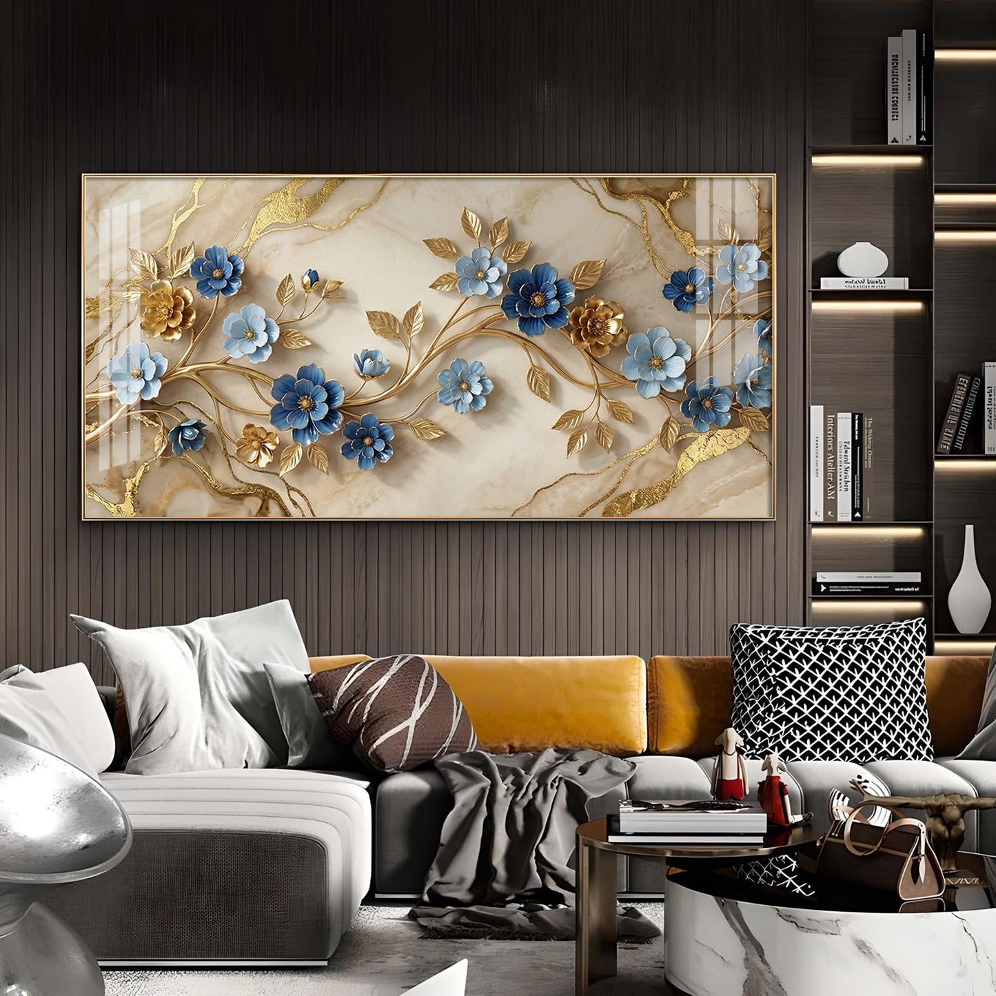 Elegant Blue Flower Glass Finish Horizontal Wall Art