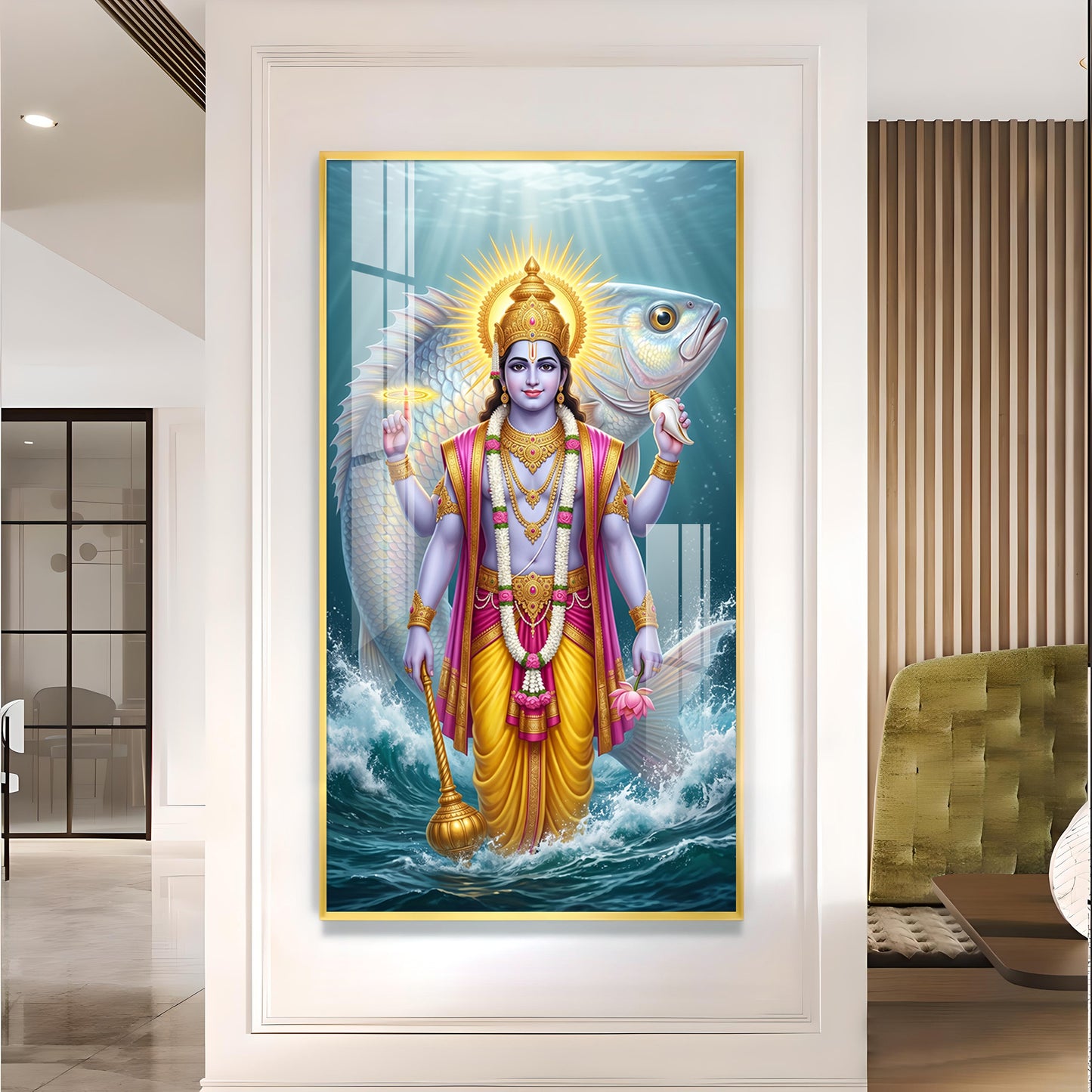 Lord Vishnu With Matsya Avatar Glass Finish Vertical Wall Art