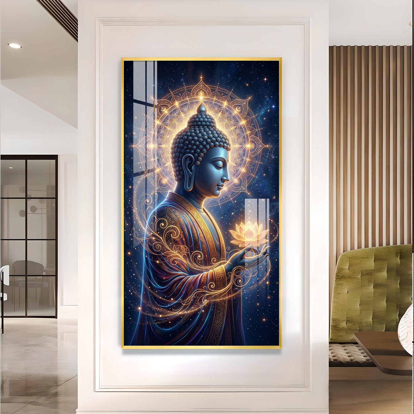 Gautam Buddha Glass Finish Vertical Wall Art