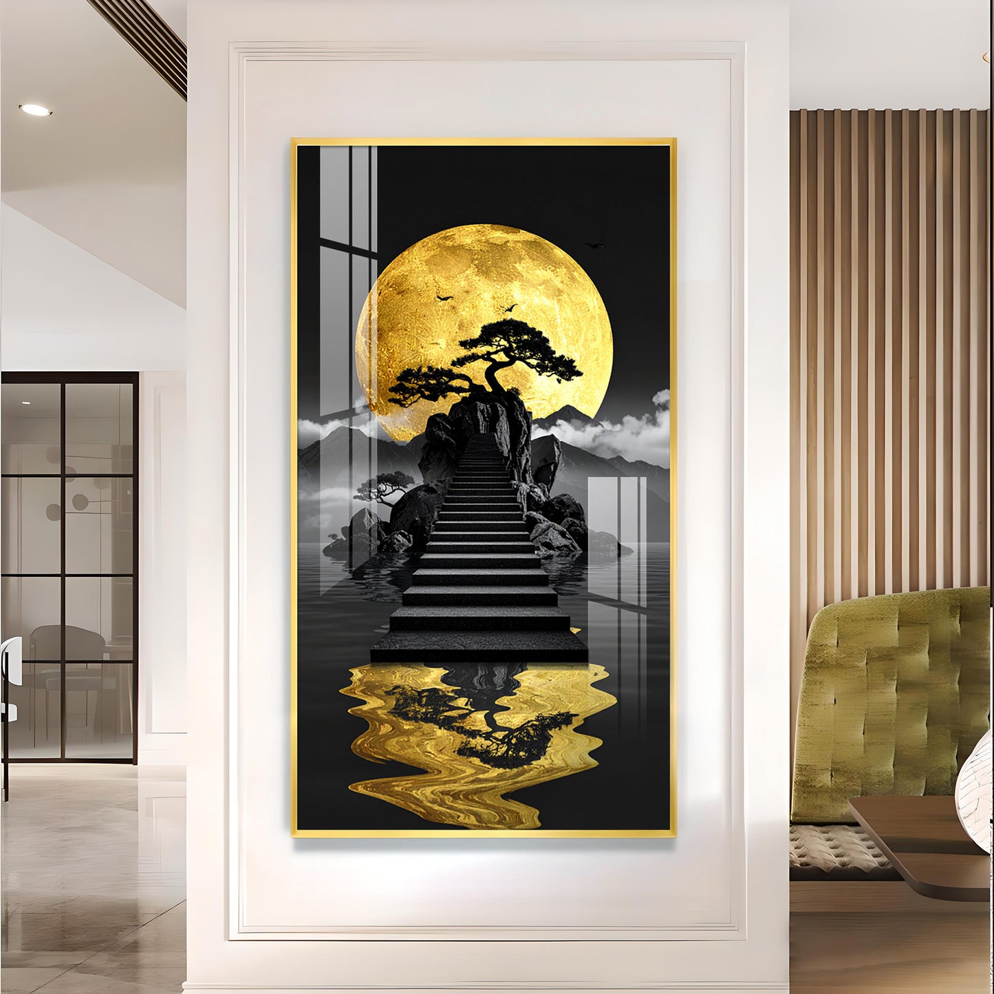 Stairway To The Moon Glass Finish Vertical Wall Art