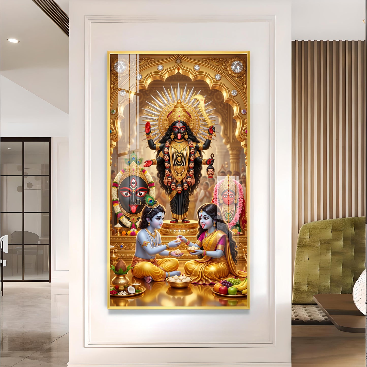 Maa Kali, Lord Krishna & Radha Glass Finish Vertical Wall Art