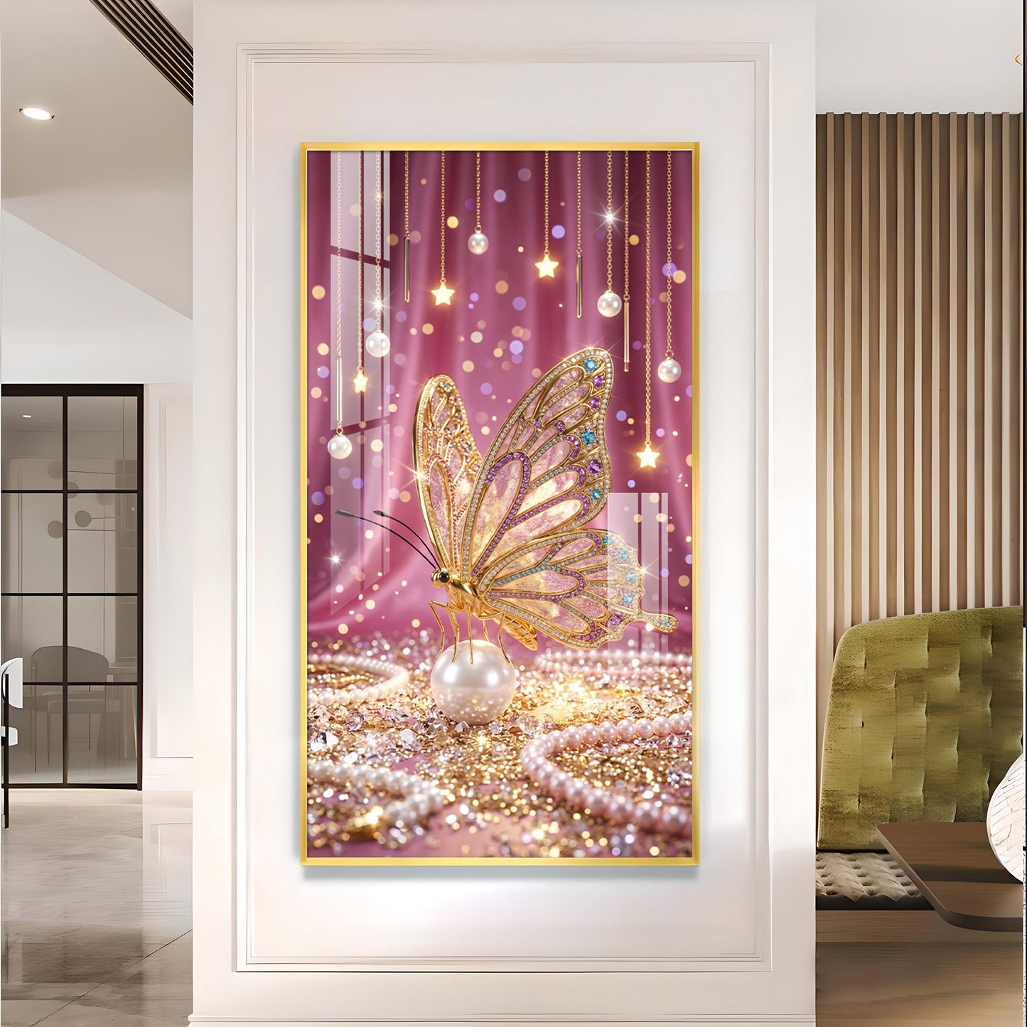 Elegant Pink Butterfly Glass Finish Vertical Wall Art