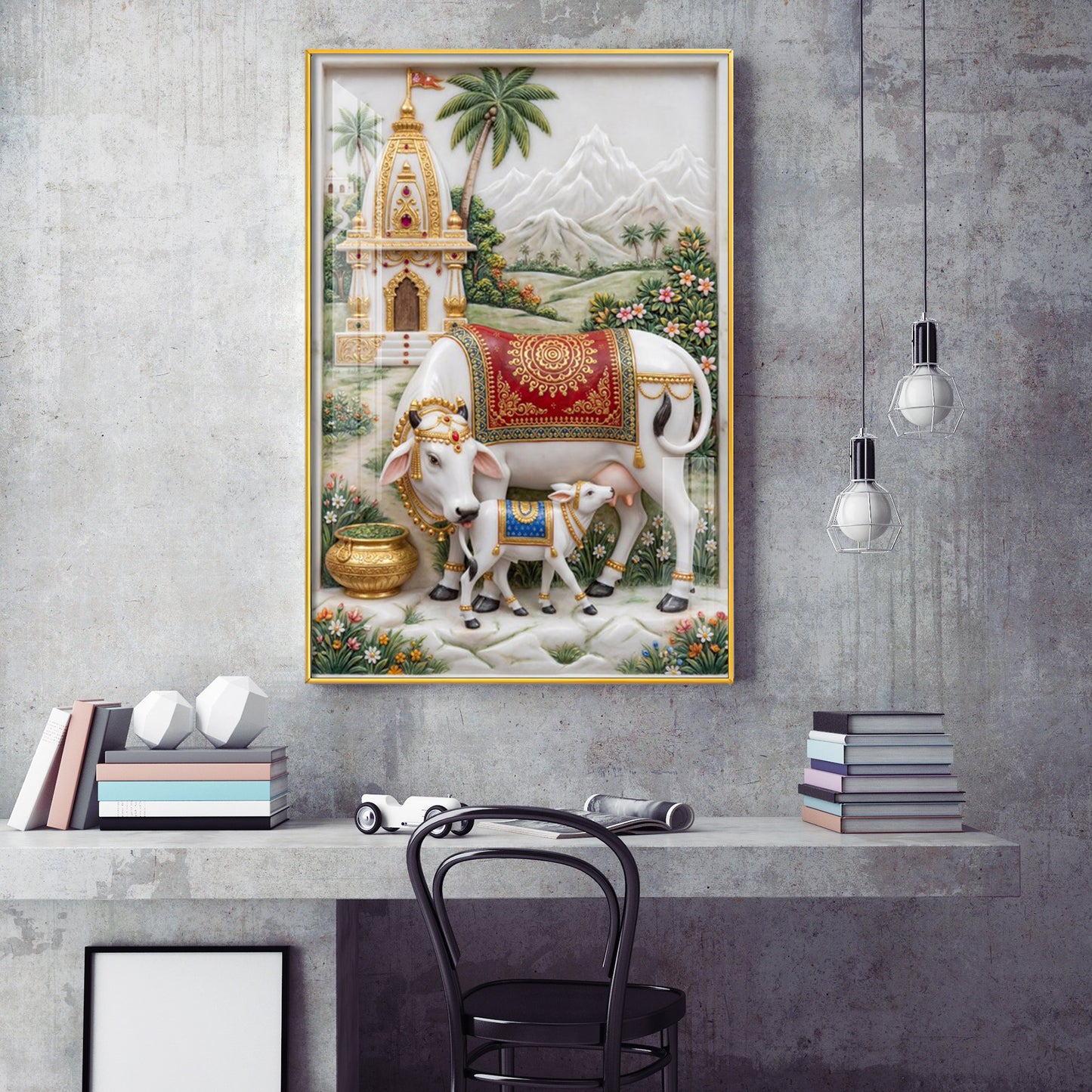 Kamdhenu Cow and Calf Glass Finish Vertical Wall Art