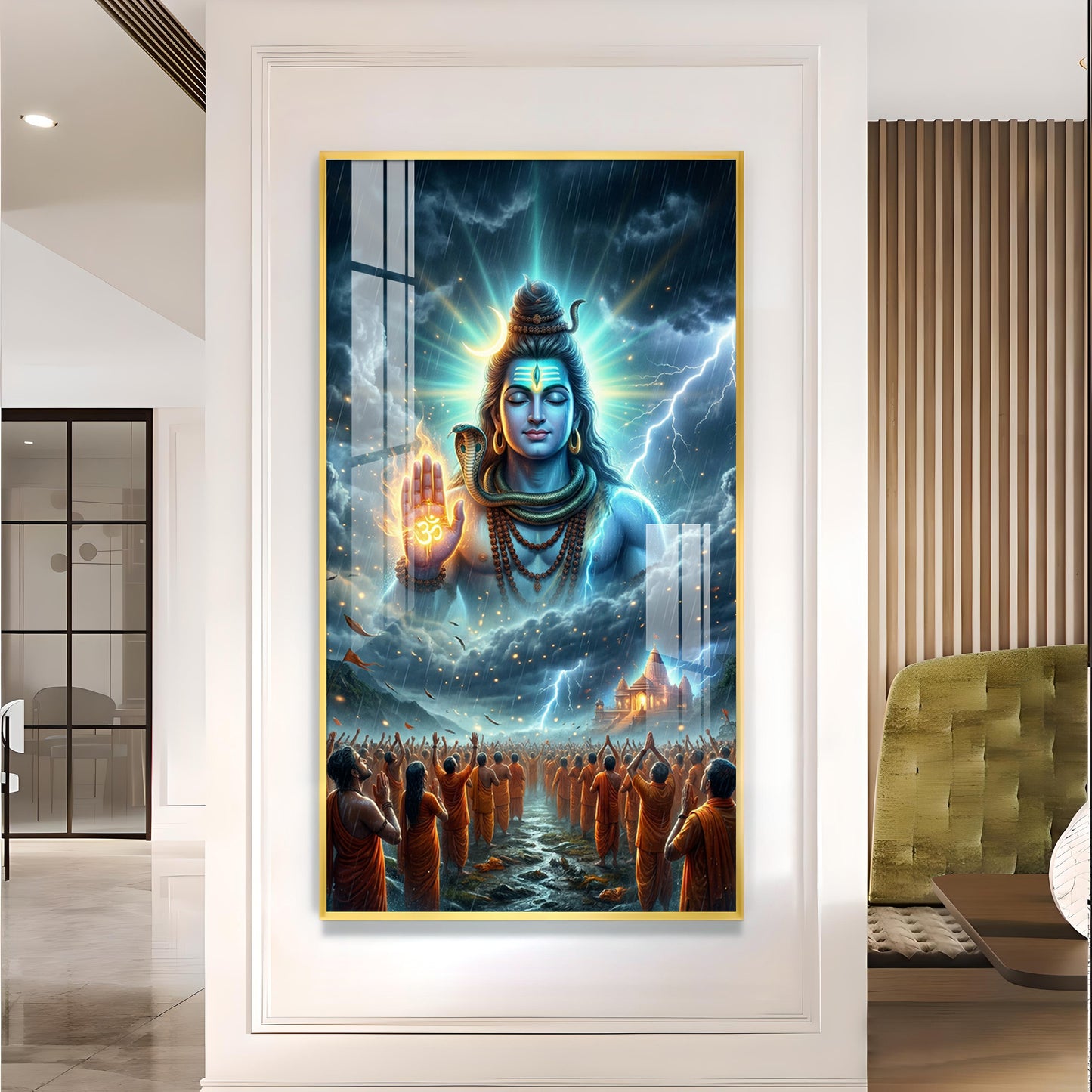 Lord Mahadev Blessing Glass Finish Vertical Wall Art
