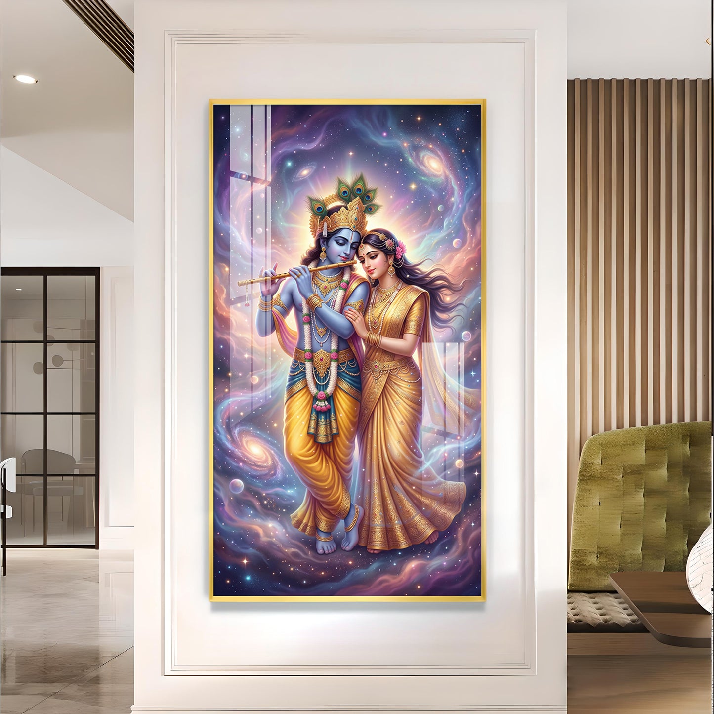 Divine Radhe Rani With Krishna Ji Glass Finish Vertical Wall Art