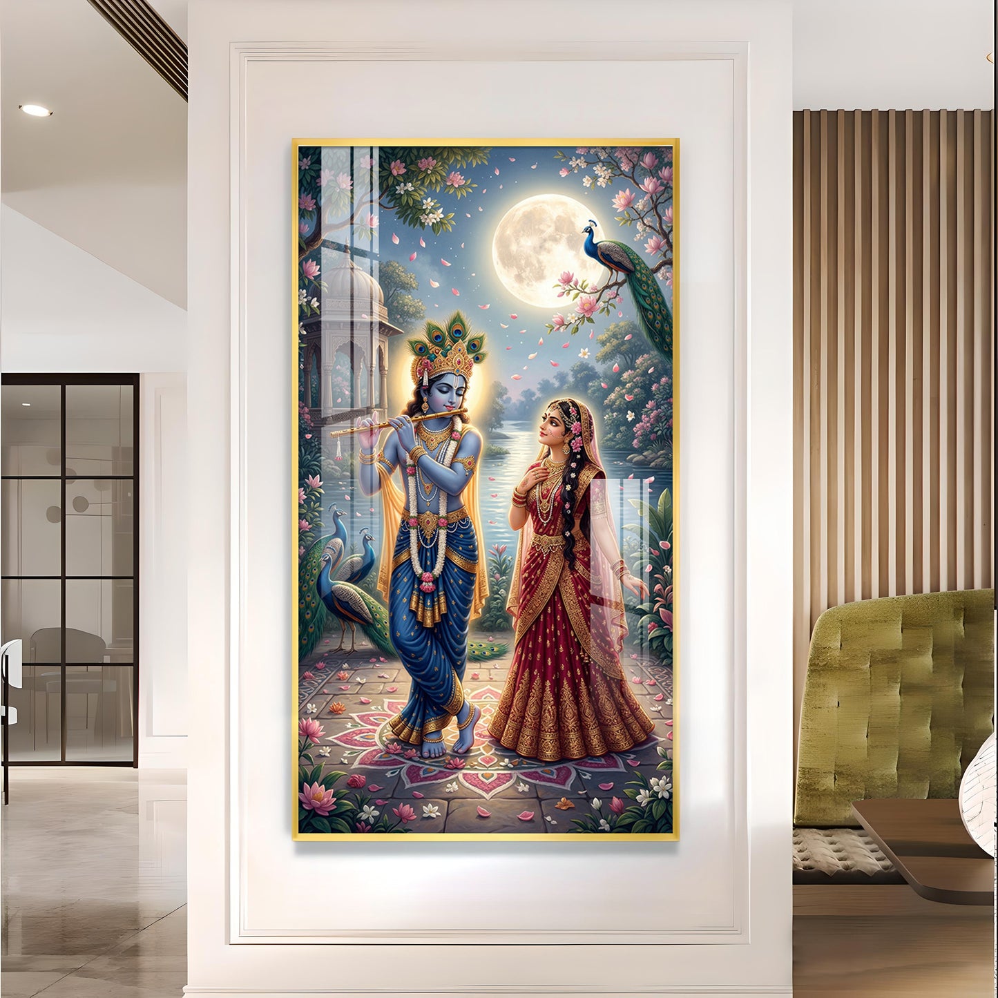 Sri Radha Krishna Glass Finish Vertical Wall Art