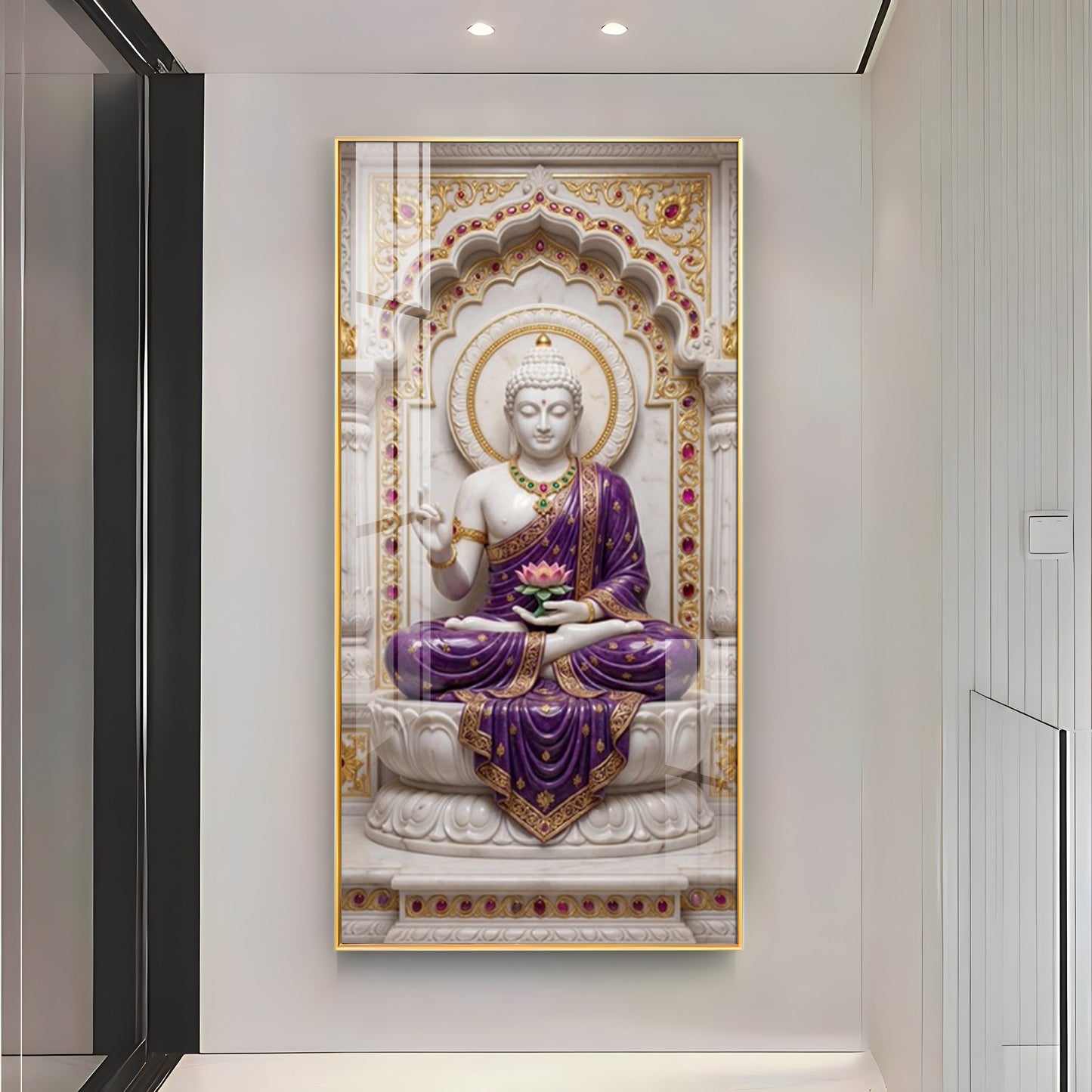 Elegant Gautam Buddha Glass Finish Vertical Wall Art