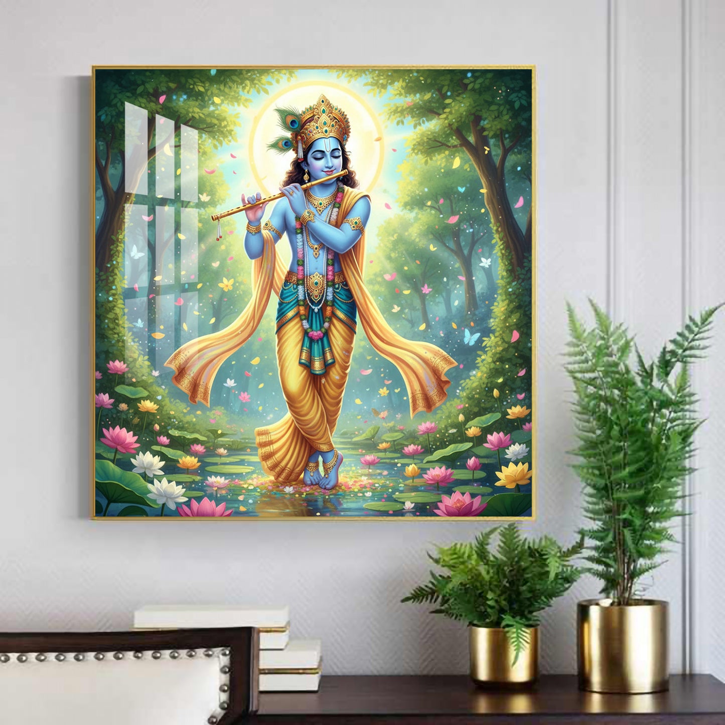 Lord Krishna With Blue Skin Glass Finish Square Wall Art
