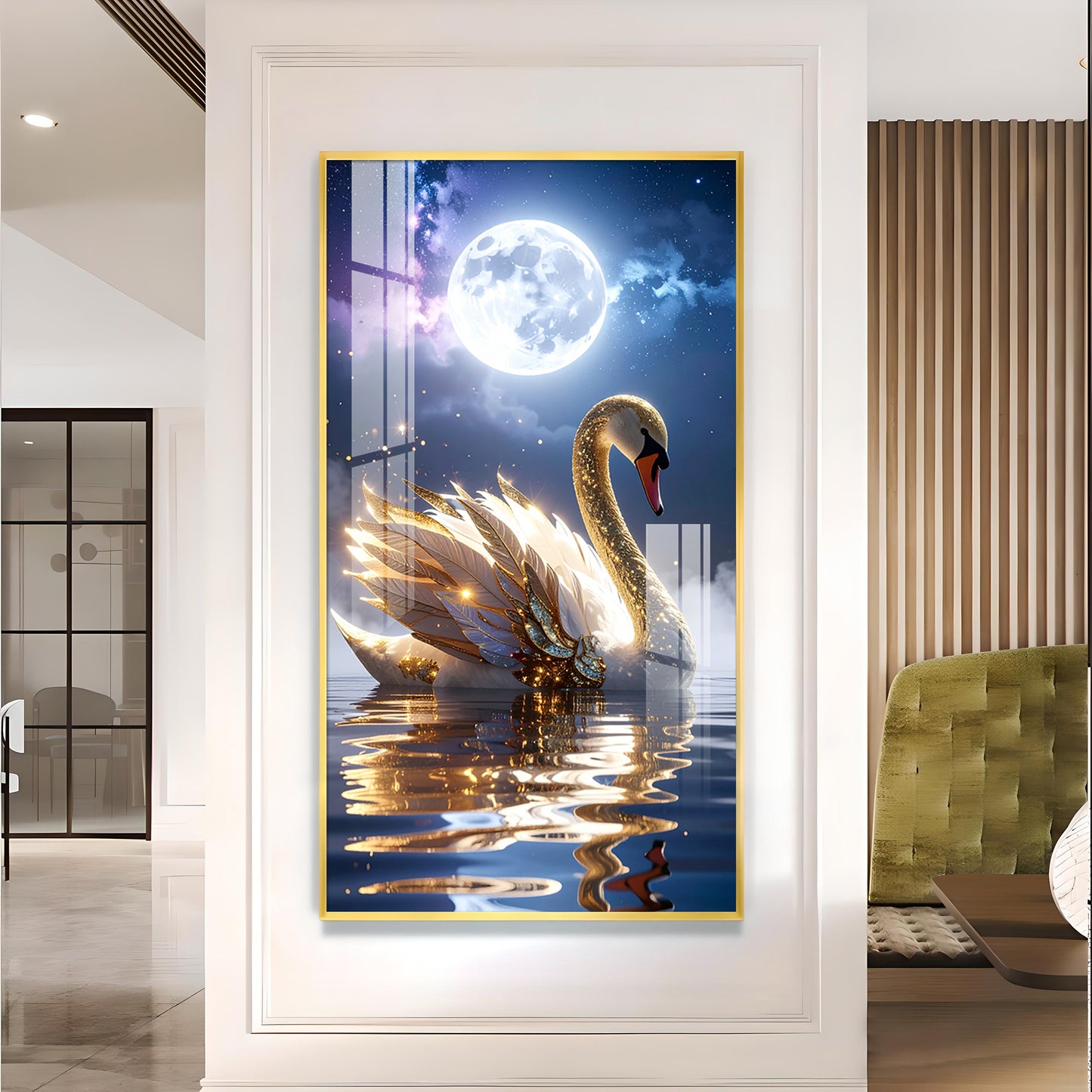 Majestic swan with feathers Glass Finish Vertical Wall Art