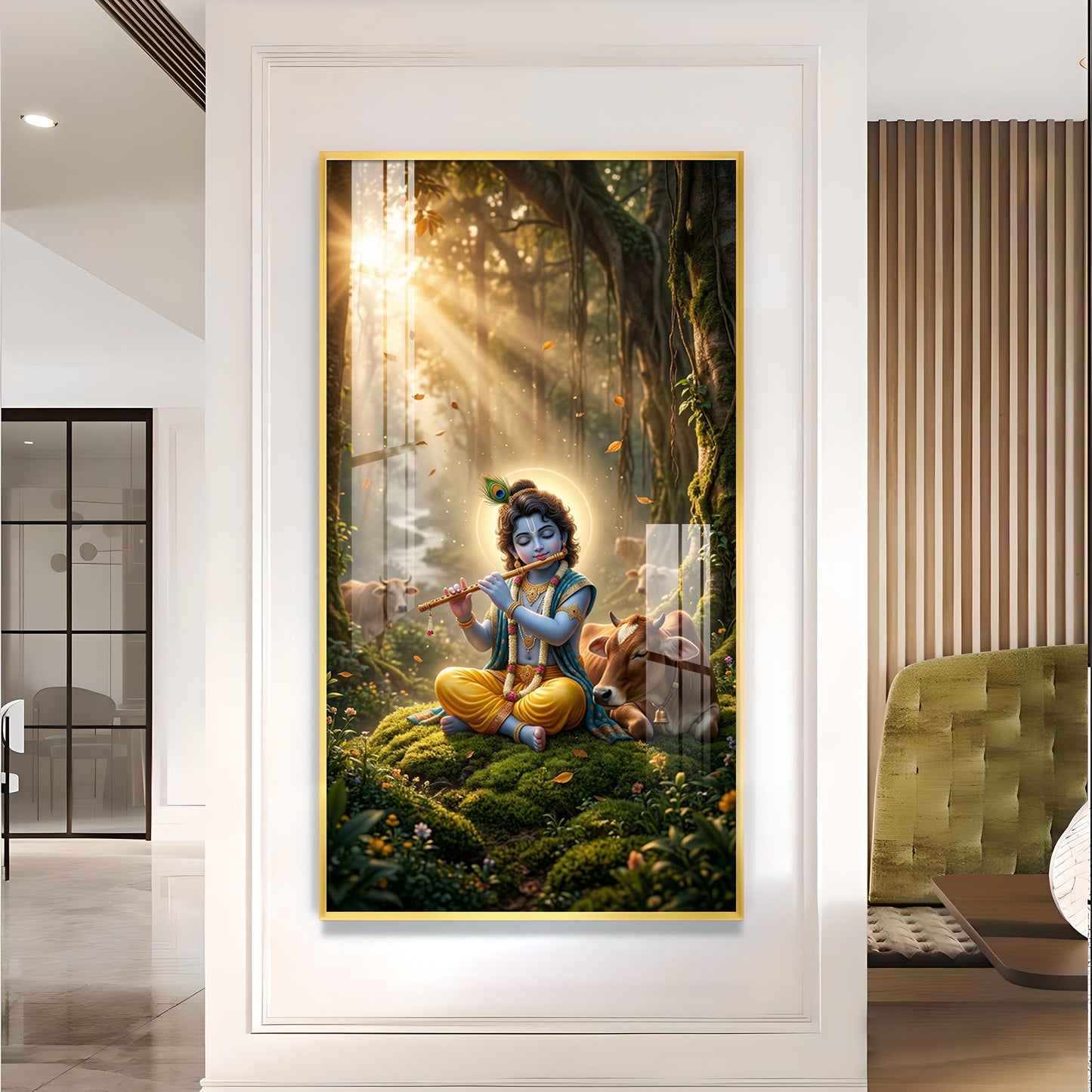 Lord Krishna Playing Flute In Garden Glass Finish Vertical Wall Art