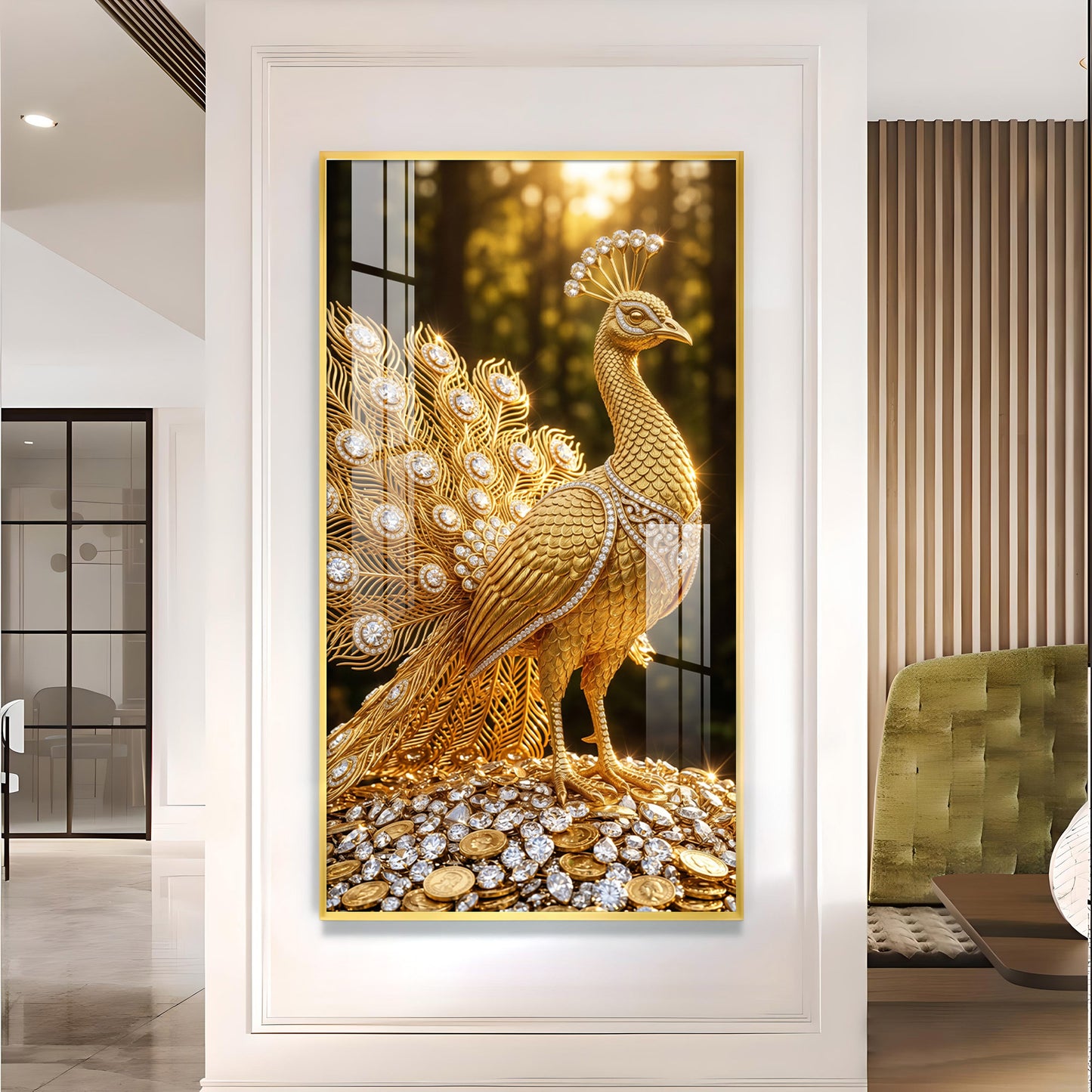 Golden Peacock Glass Finish Vertical Wall Art