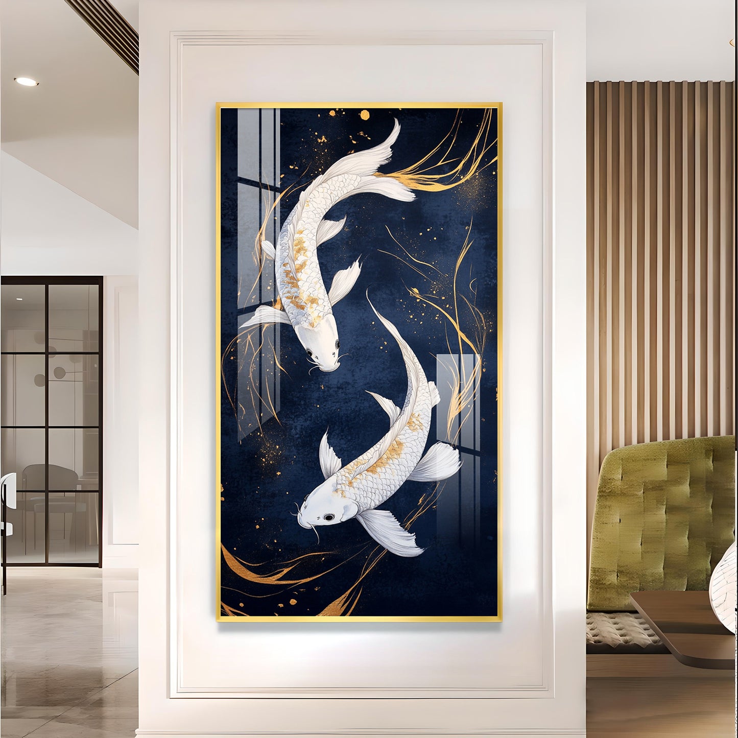 Pair Of White Fish Glass Finish Vertical Wall Art