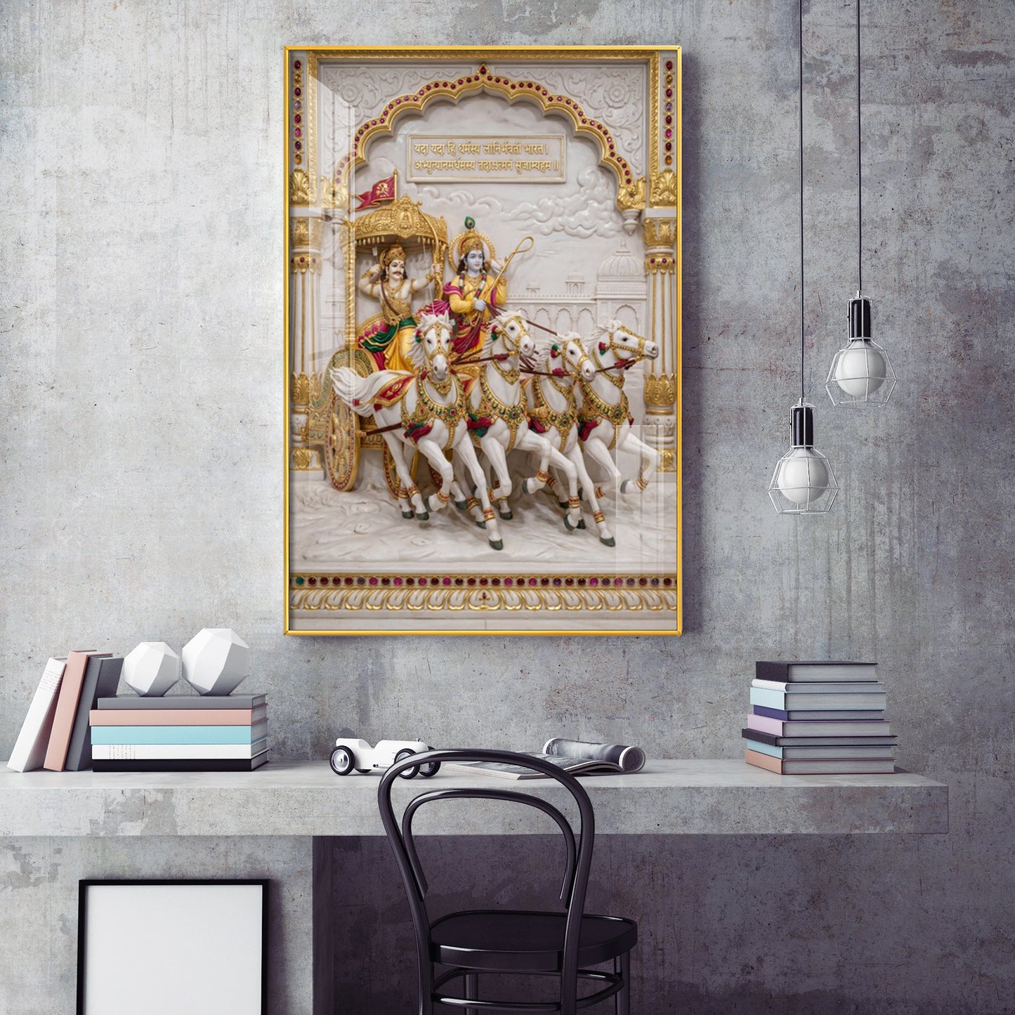 Krishna & Arjuna Chariot Glass Finish Vertical Wall Art