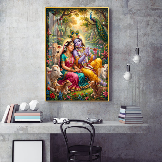Generic Radha Krishna Glass Finish Vertical Wall Art