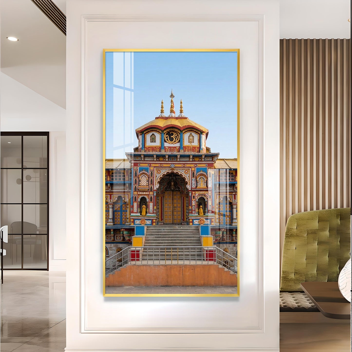 Badrinath Temple Glass Finish Vertical Wall Art