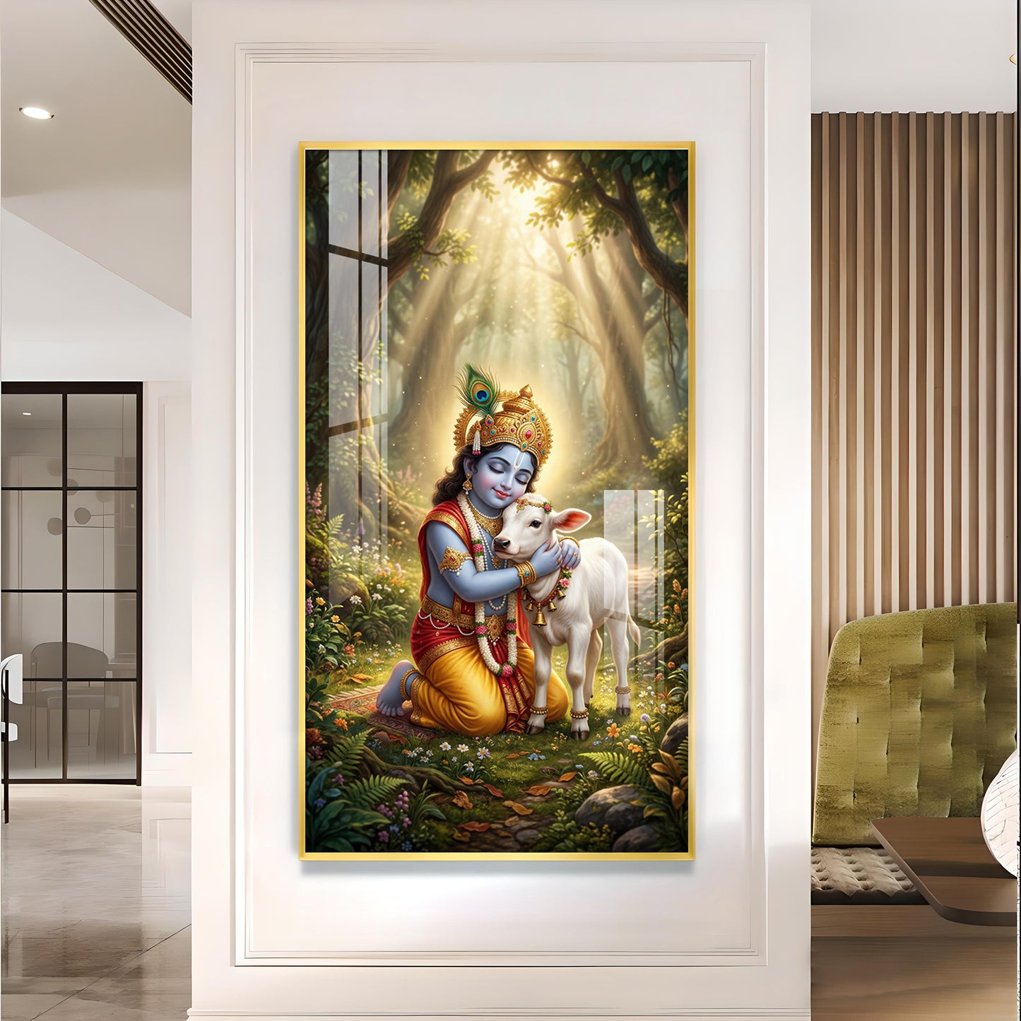 Bal Krishna With Calf Glass Finish Vertical Wall Art